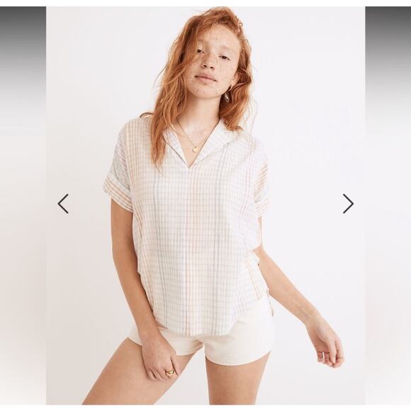 Madewell Lakeline Top Plaid Popover V Neck Shirt Cotton Pastel White Size Medium - Picture 1 of 10
